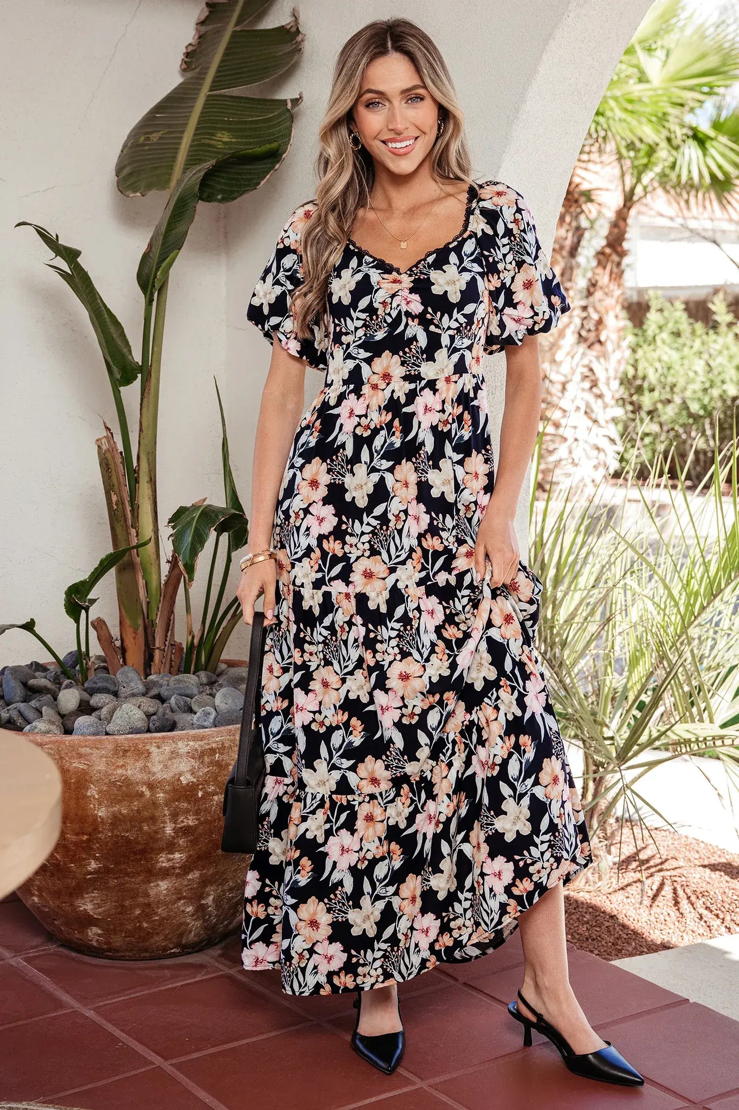 Blue Short Sleeve Smocked Detail High Waist Floral Maxi Dress - Sweet Fashion Wholesale