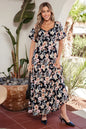 Blue Short Sleeve Smocked Detail High Waist Floral Maxi Dress - Sweet Fashion Wholesale
