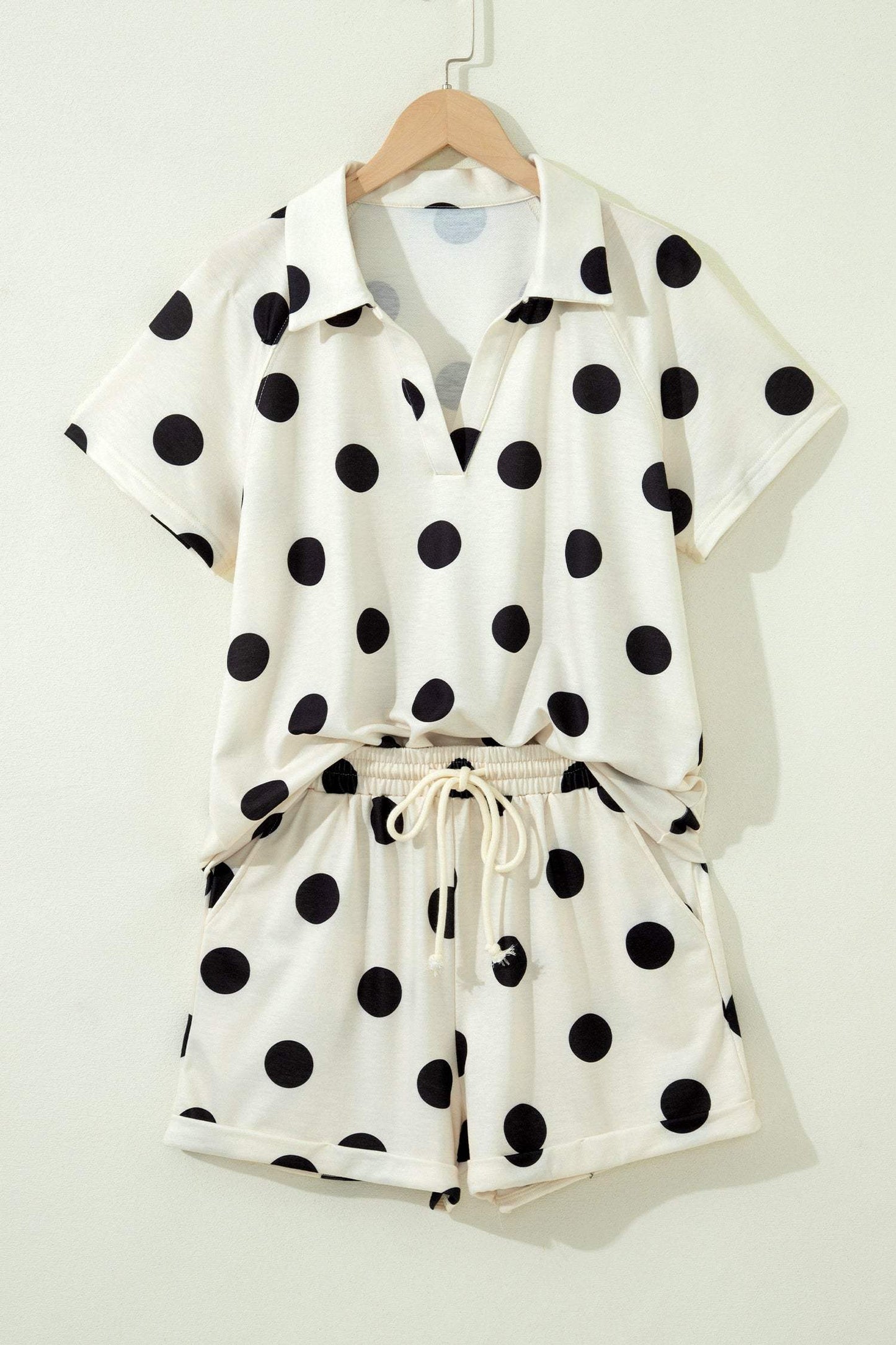 Green Polka Dot Print V Neck Tee Short Set