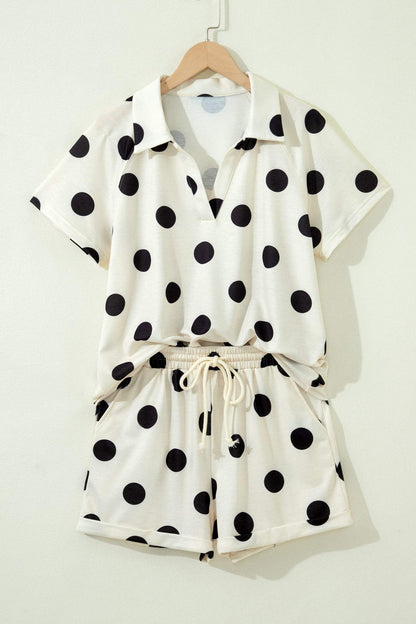 Green Polka Dot Print V Neck Tee Short Set