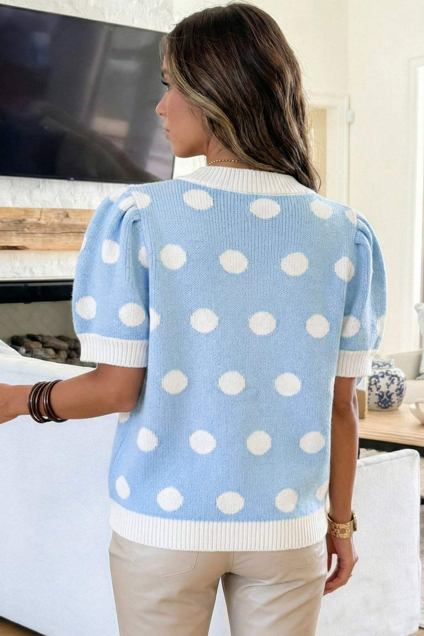 Pink Polka Dot Puff Short Sleeve Sweater Top
