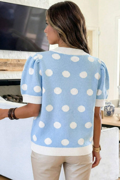 Pink Polka Dot Puff Short Sleeve Sweater Top