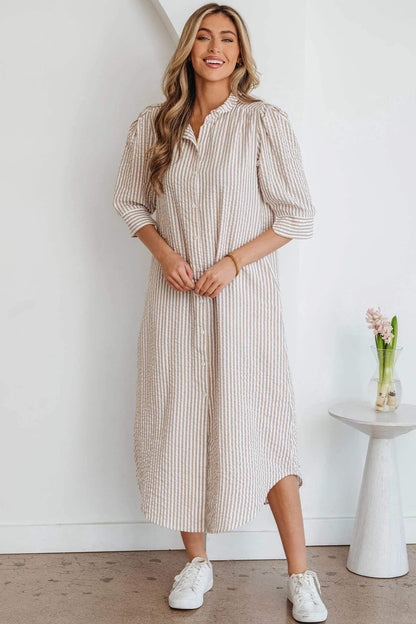 Khaki Stripe Frilled Collar Half Sleeve Shirt Maxi Dress - Sweet Fashion Wholesale