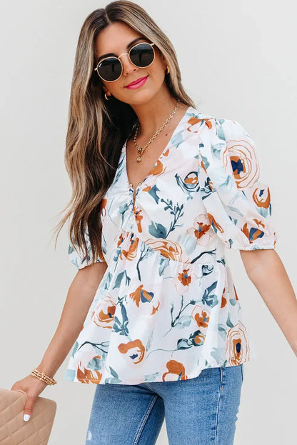 Green Floral Print Puff Sleeve V Neck Babydoll Blouse