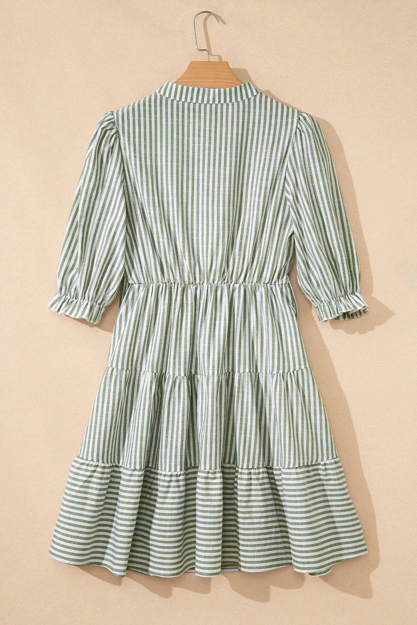 Green Stripe Tasseled Tie Neck Ruffled Short Sleeve Tiered Flattering Dress - Sweet Fashion Wholesale