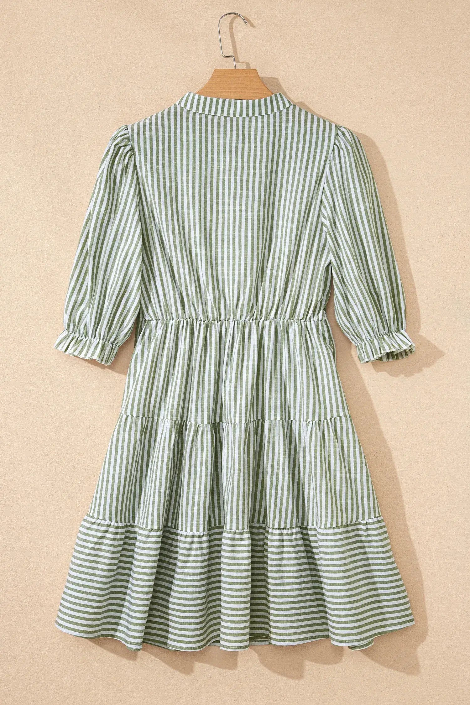 Green Stripe Tasseled Tie Neck Ruffled Short Sleeve Tiered Flattering Dress - Sweet Fashion Wholesale