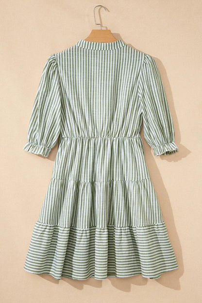 Green Stripe Tasseled Tie Neck Ruffled Short Sleeve Tiered Flattering Dress - Sweet Fashion Wholesale