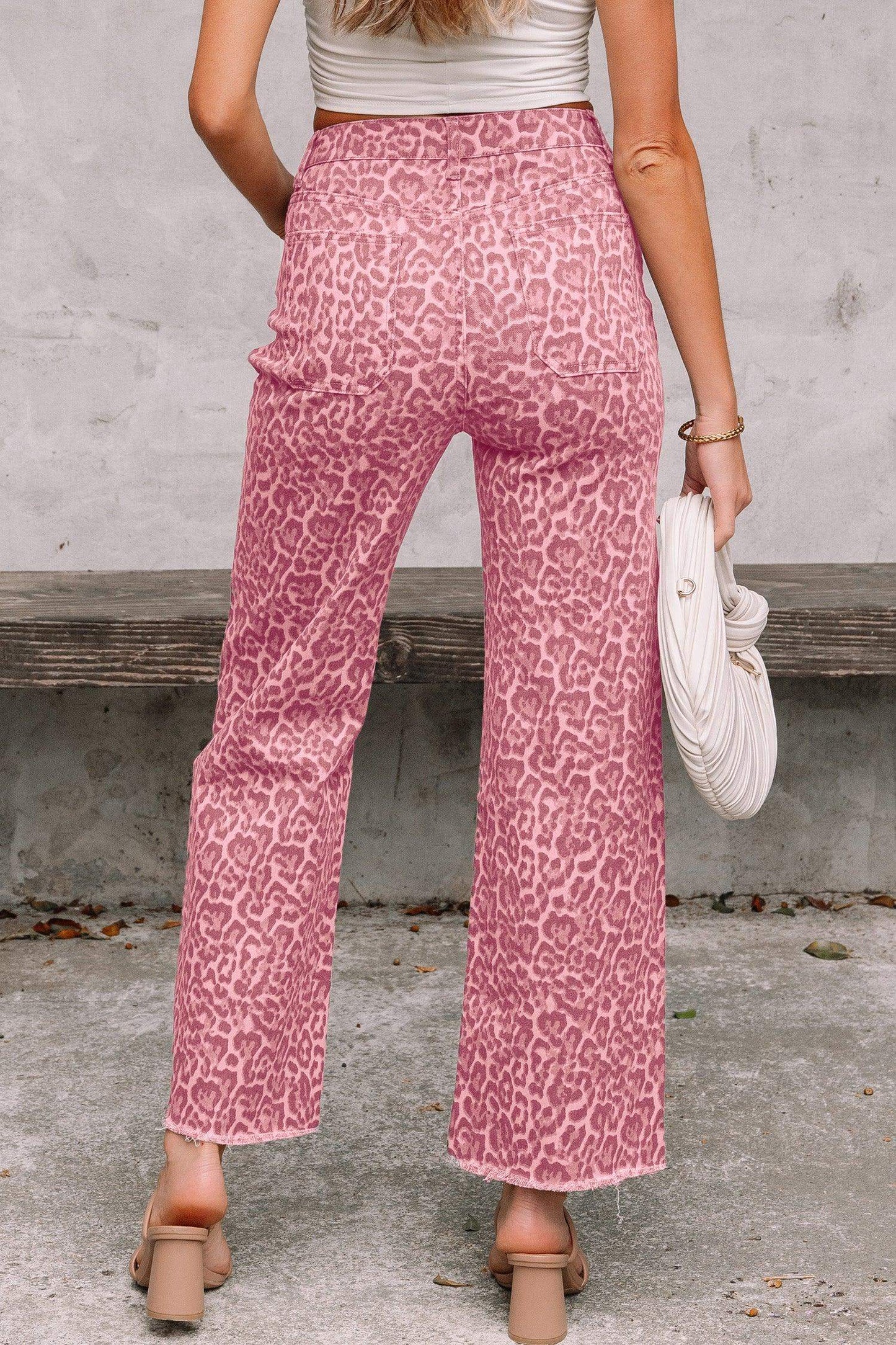 Gray Leopard Frayed Edge Wide Leg High Waist Jeans - Sweet Fashion Wholesale