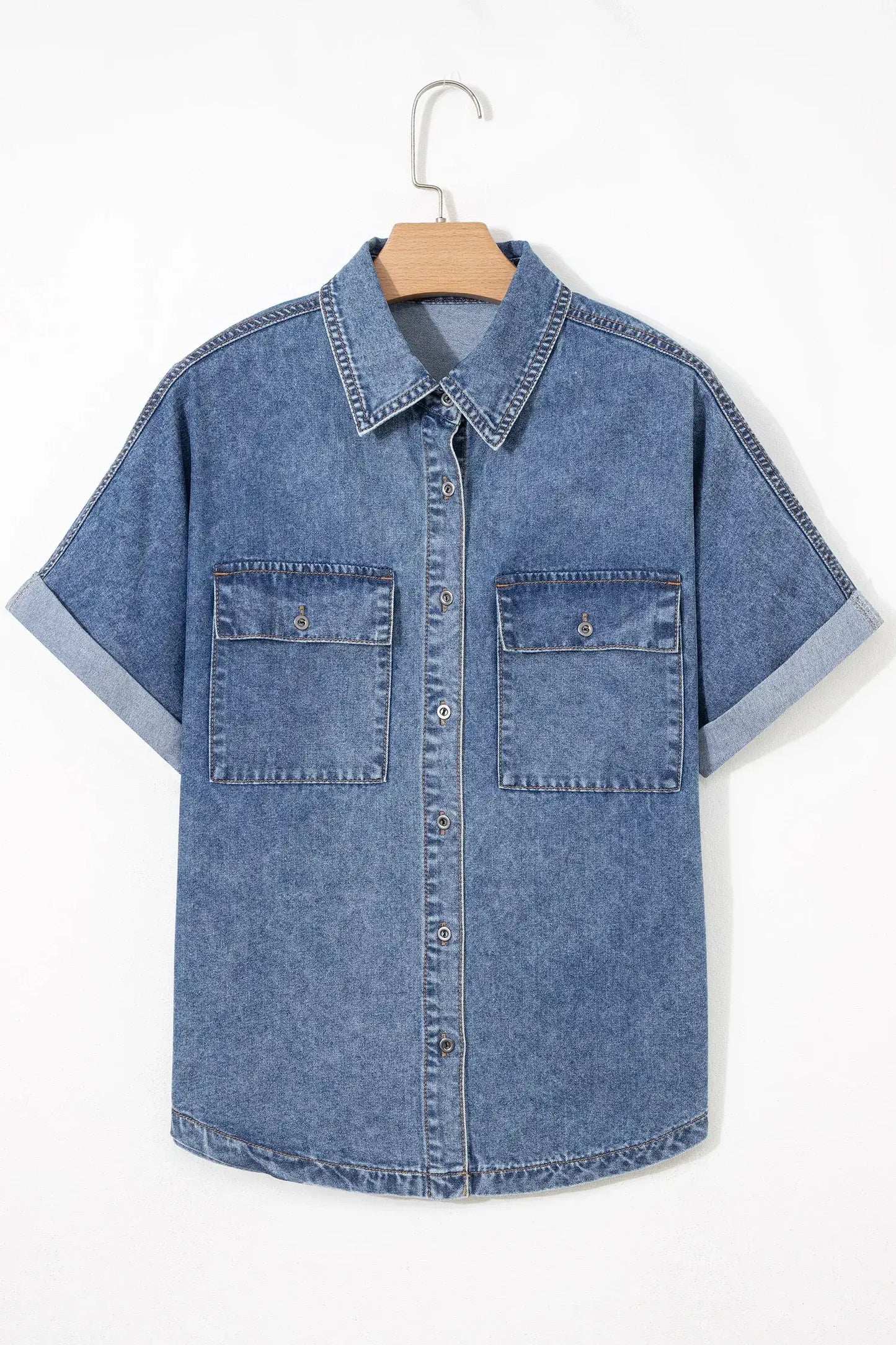 Ashleigh Blue Button Flap Pocket Cuffed Short Sleeve Denim Shirt - Sweet Fashion Wholesale