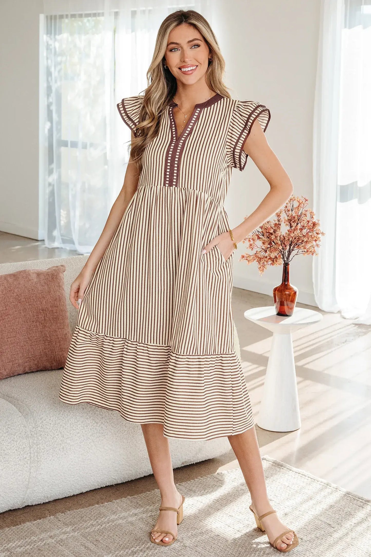 Green Stripe Double Ruffled Short Sleeve Contrast Trim V Neck Midi Dress - Sweet Fashion Wholesale