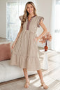 Green Stripe Double Ruffled Short Sleeve Contrast Trim V Neck Midi Dress - Sweet Fashion Wholesale