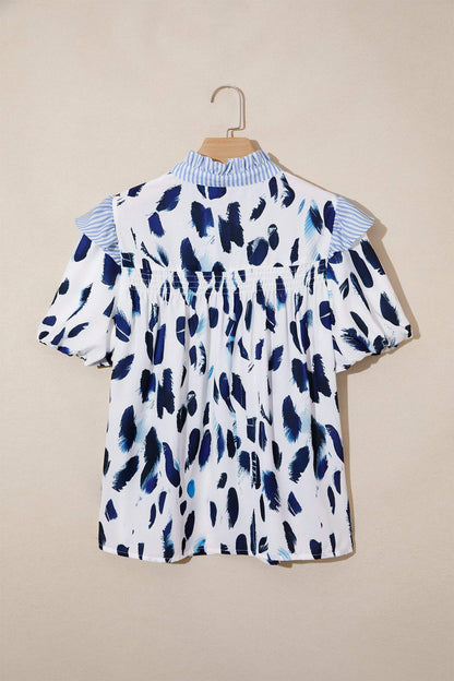 Beige Abstract Animal Print Striped Ruffle Trim V Neck Blouse