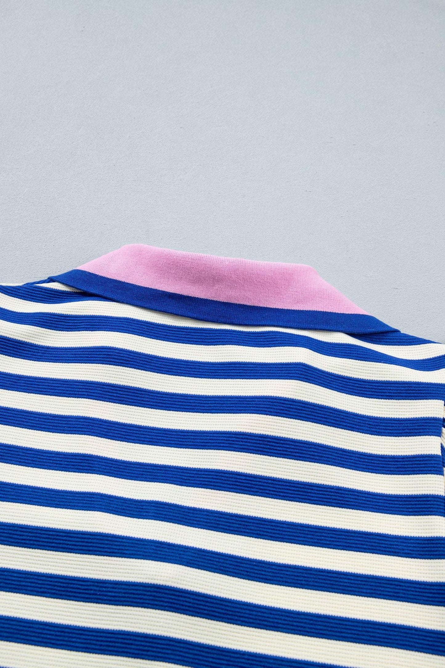 Rose Stripe Contrast Trim Polo Collar Ruffled Short Sleeve Blouse