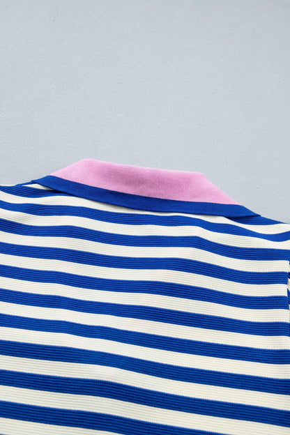 Rose Stripe Contrast Trim Polo Collar Ruffled Short Sleeve Blouse