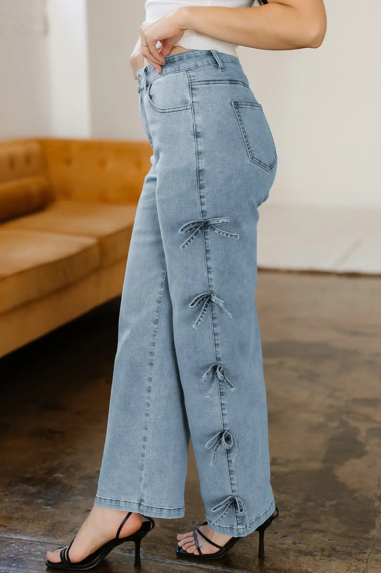 Beau Blue Bow Knot Side Detail Straight Leg Loose Jeans - Sweet Fashion Wholesale