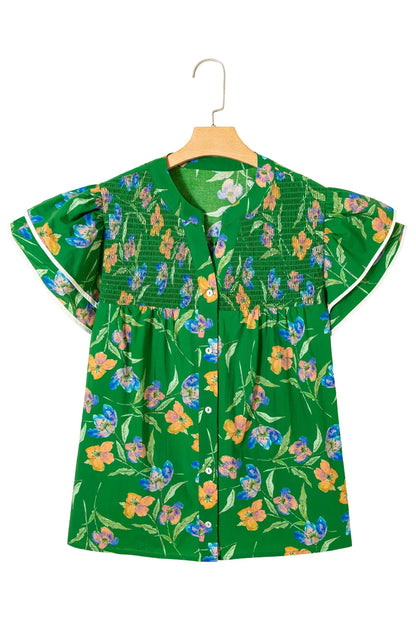 Green Plus Size Ruffled Short Sleeve Floral Top - Sweet Fashion Wholesale