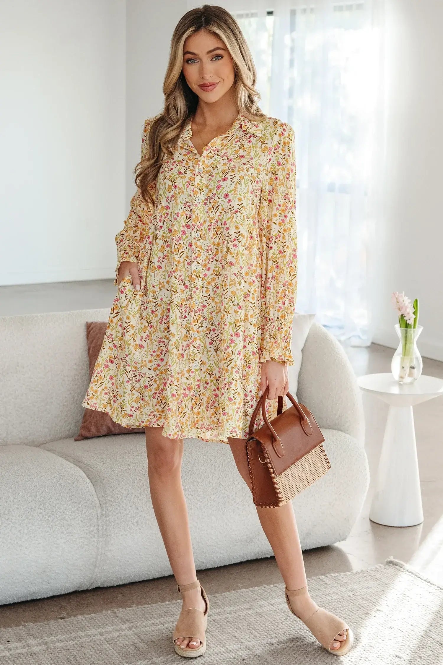 Yellow Floral Print Frilly Trim Smocked Cuff Long Sleeve Loose Shirt Dress - Sweet Fashion Wholesale