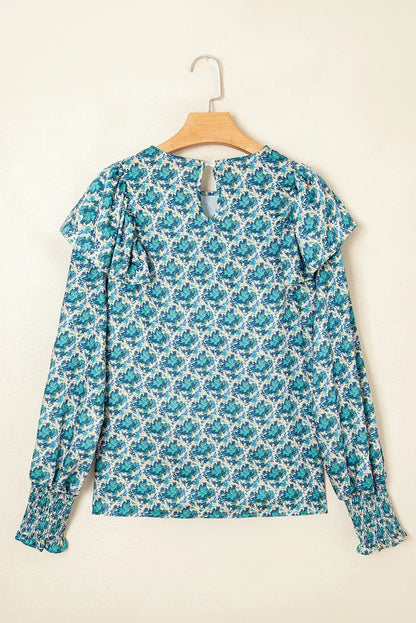 Green Abstract Print Shirred Cuff Puff Sleeve Blouse