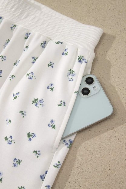 White Floral Print Half Zip Top Matching Short Set