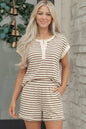 Black Stripe Half Buttons Top and Shorts Set - Sweet Fashion Wholesale