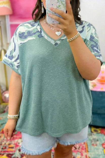 Mist Green Ribbed Camouflage Patchwork Plus Size V Neck Tee - Sweet Fashion Wholesale
