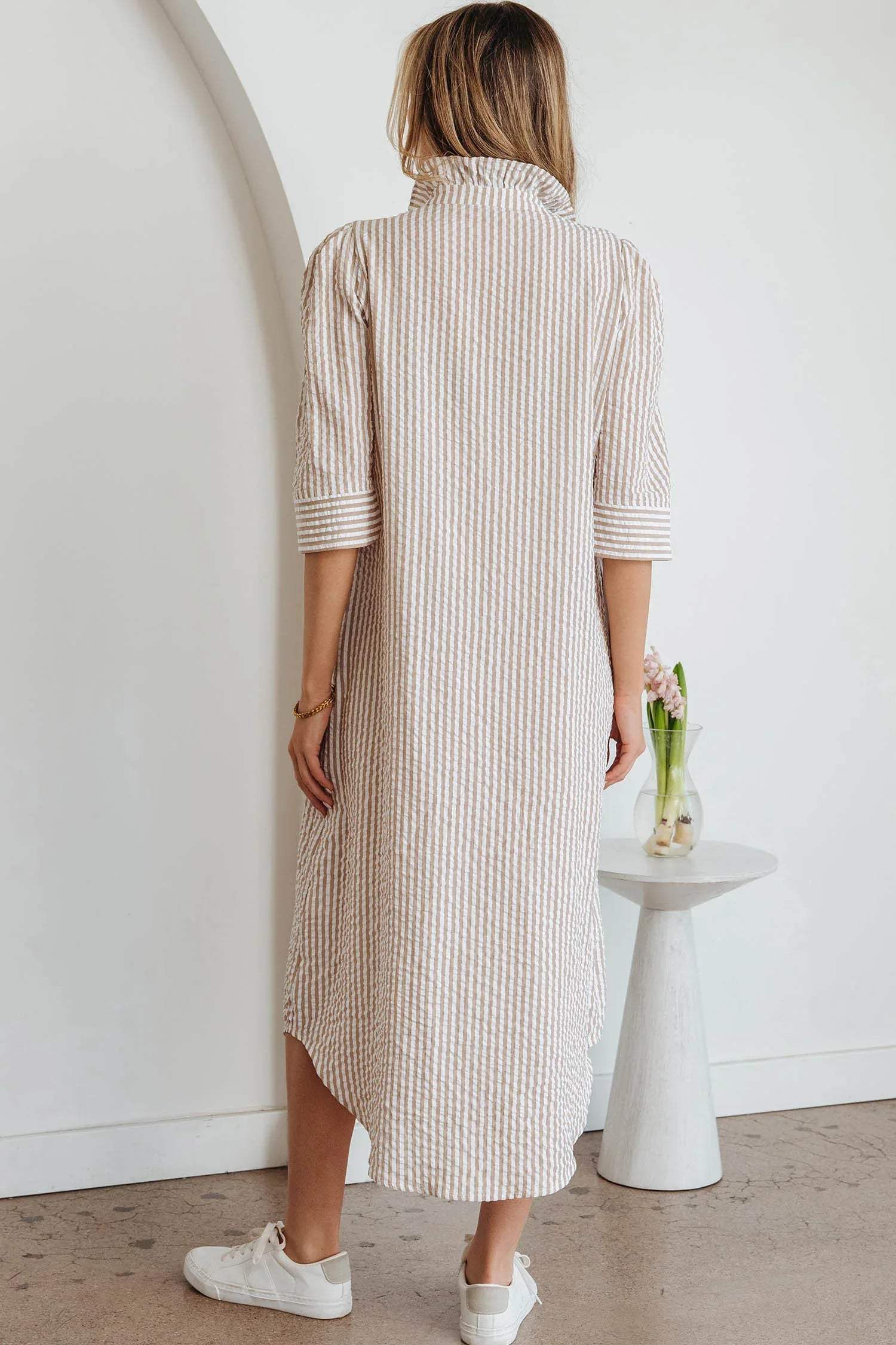 Khaki Stripe Frilled Collar Half Sleeve Shirt Maxi Dress - Sweet Fashion Wholesale