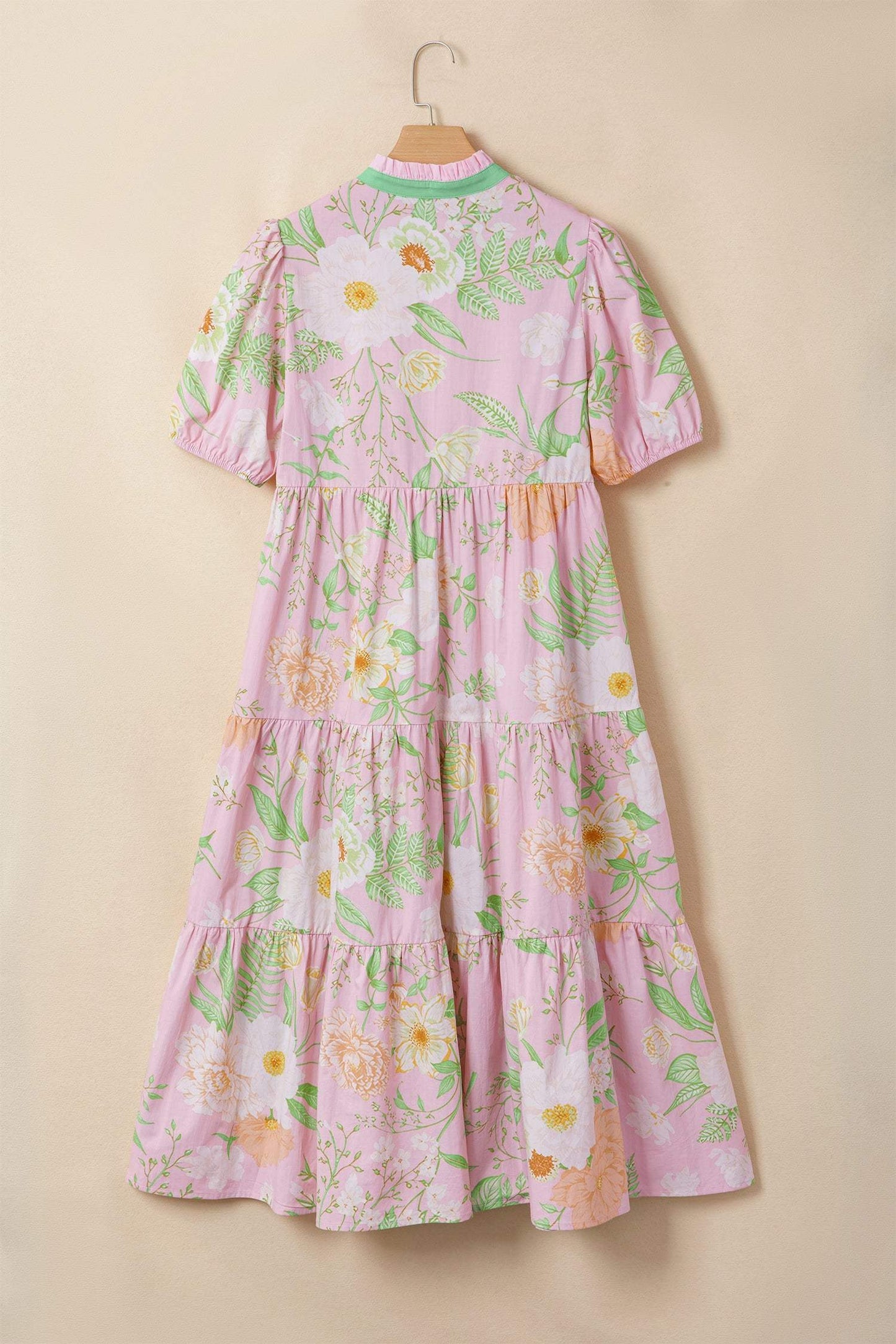 Pink Floral Print Short Puff Sleeve High Waist Tiered Maxi Dress