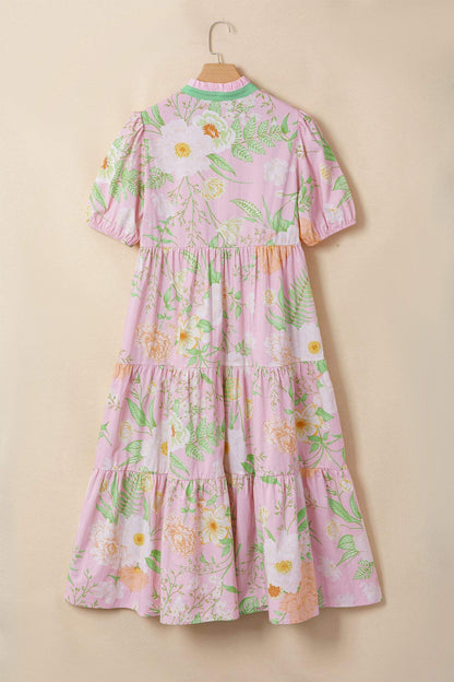 Pink Floral Print Short Puff Sleeve High Waist Tiered Maxi Dress