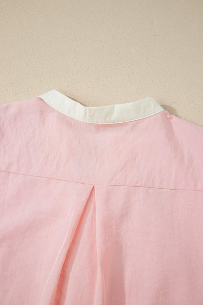Light Pink Scallop Color Block Trim Puff Sleeve Mini Dress