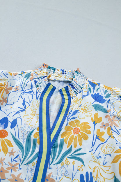 Yellow Floral Print Striped Trim V Neck Puff Sleeve Blouse
