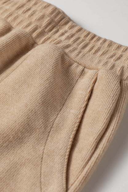 Light French Beige Short Sleeve Ribbed Top Wide Leg Pants Two Piece Set