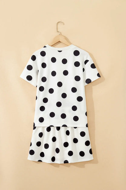 White Polka Dot Short Sleeve Top Casual Skort 2pcs Outfit - Sweet Fashion Wholesale