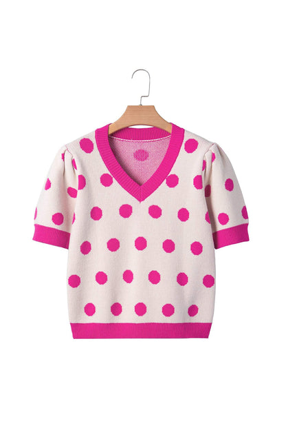 Pink Polka Dot Puff Short Sleeve Sweater Top