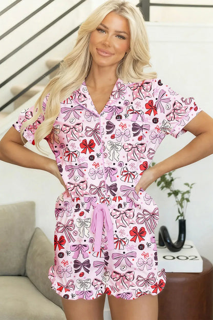 Pink Cute Ribbon Bows Printed 2pcs Short Pajama Set - Sweet Fashion Wholesale