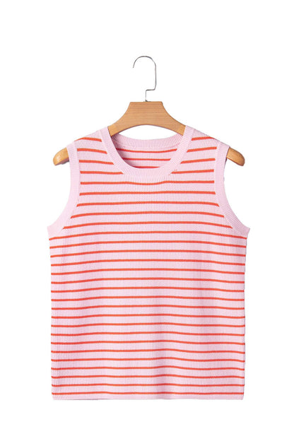 Pink Stripe Textured Knit Sleeveless Casual Sweater Top