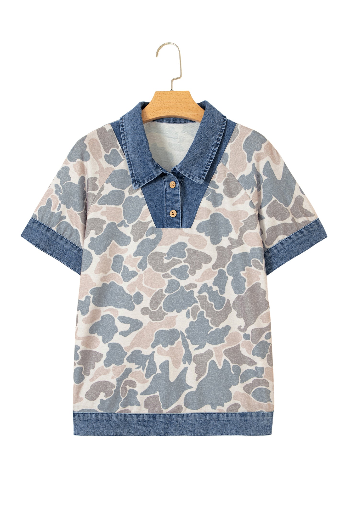 Multicolour Camouflage Print Denim Patchwork Polo Collar Tee