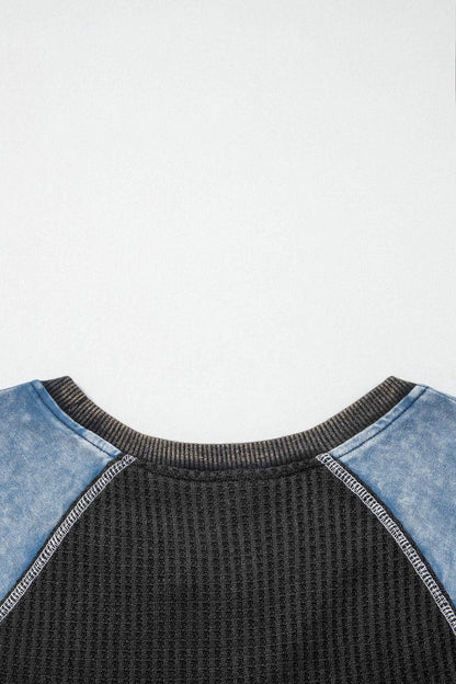 Carbon Grey Waffle Knit Seam Detail Color Block Patchwork Short Sleeve Top