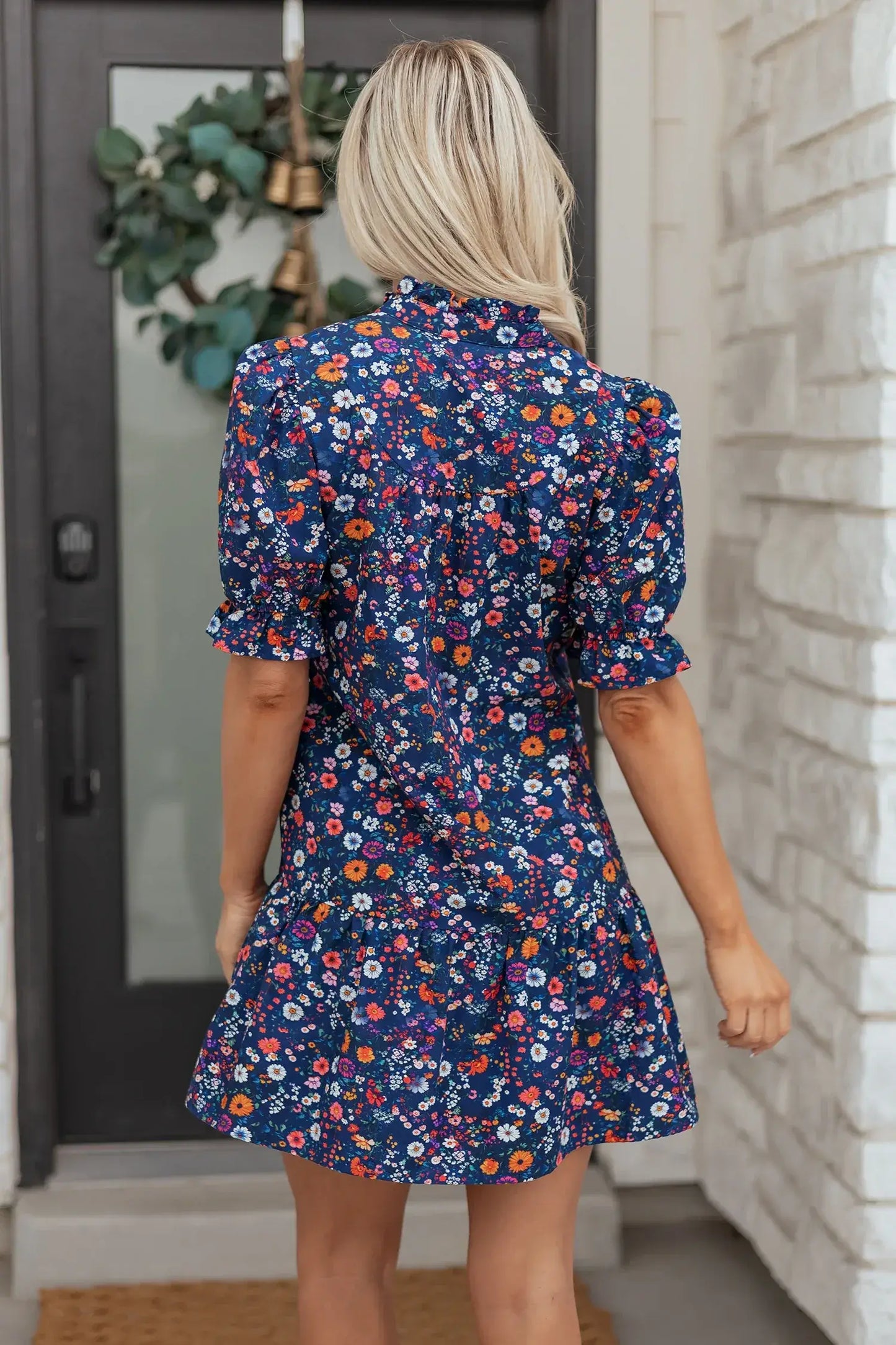 Blue Wild Daisy Floral Split Neck Short Puff Sleeve Mini Dress - Sweet Fashion Wholesale