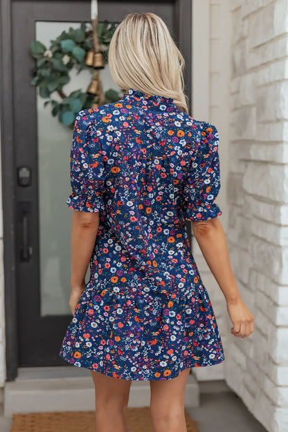 Blue Wild Daisy Floral Split Neck Short Puff Sleeve Mini Dress - Sweet Fashion Wholesale