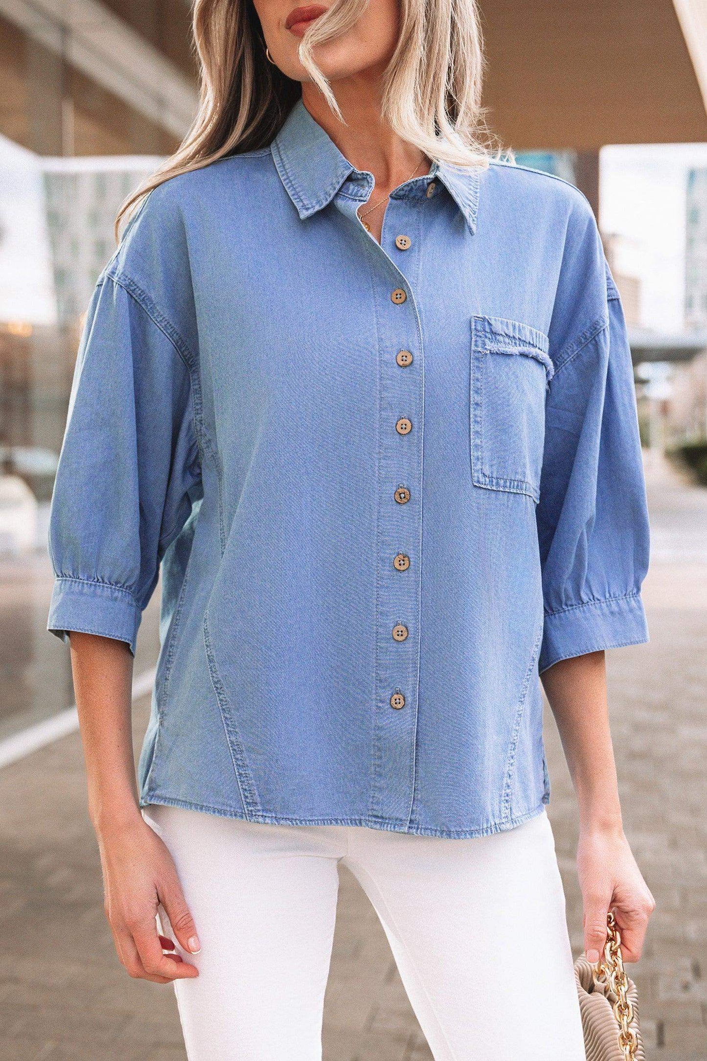 Myosotis Washed Drop Shoulder Bracelet Sleeve Chambray Shirt - Sweet Fashion Wholesale