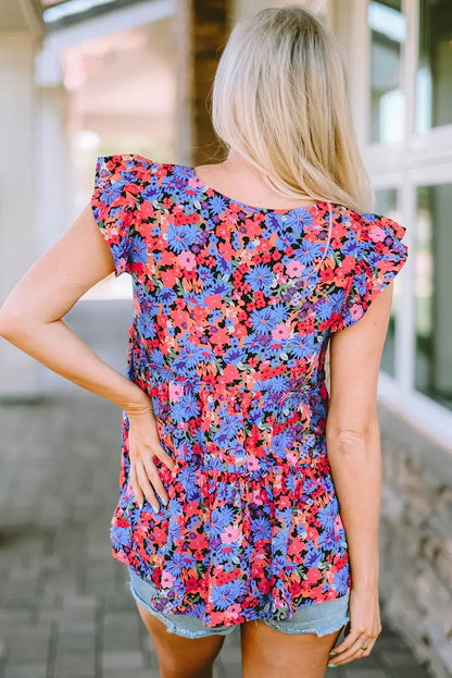 Multicolor Floral Print Ruffle Tiered Short Sleeve Babydoll Top