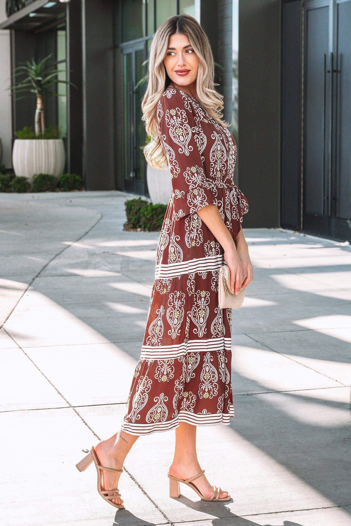 Brown Floral Print Belted Striped Trim Tiered Maxi Dress - Sweet Fashion Wholesale