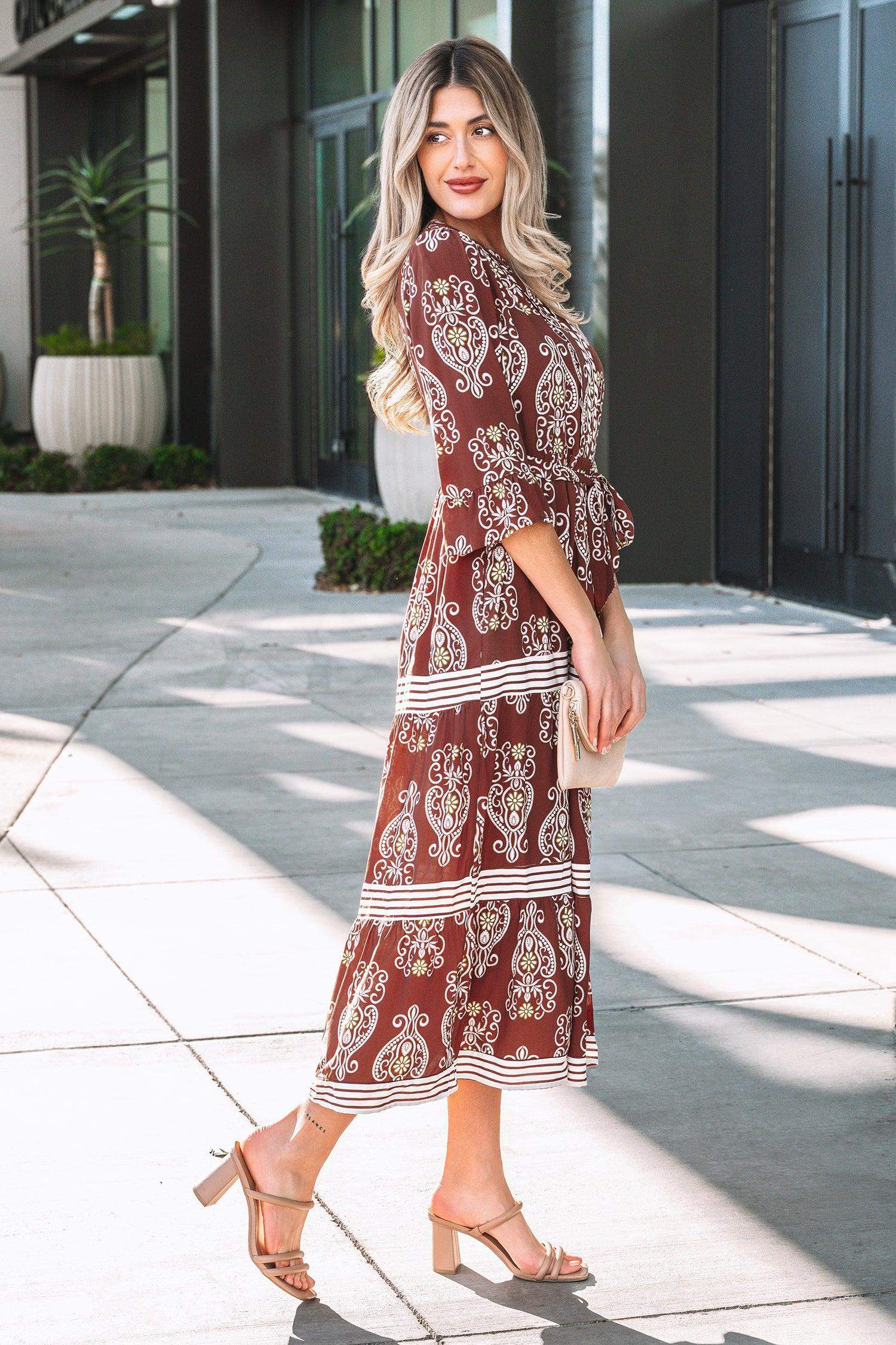 Brown Floral Print Belted Striped Trim Tiered Maxi Dress - Sweet Fashion Wholesale