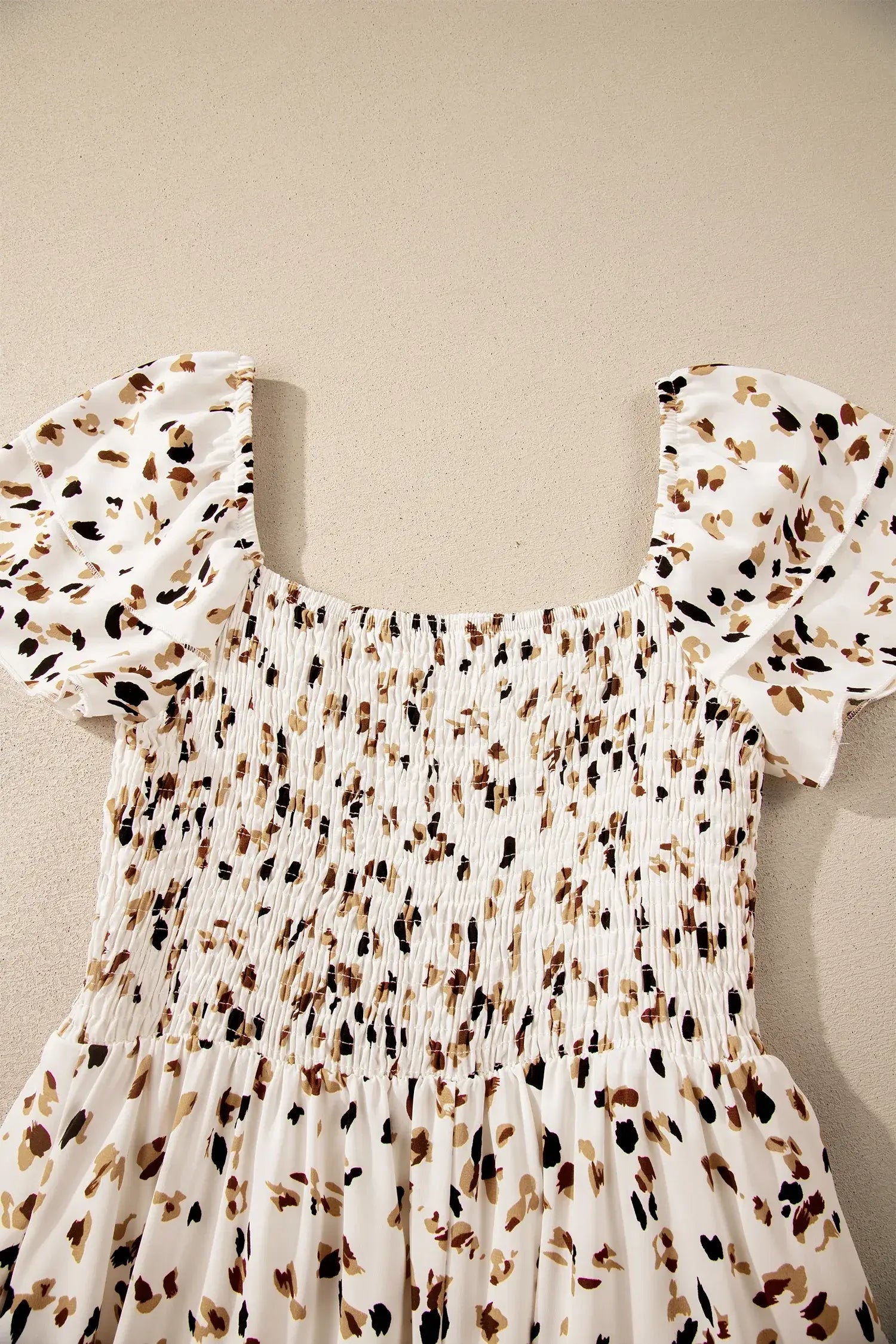 Beige Ditsy Floral Print Smocked Square Neck Ruffle Short Sleeve Dress - Sweet Fashion Wholesale