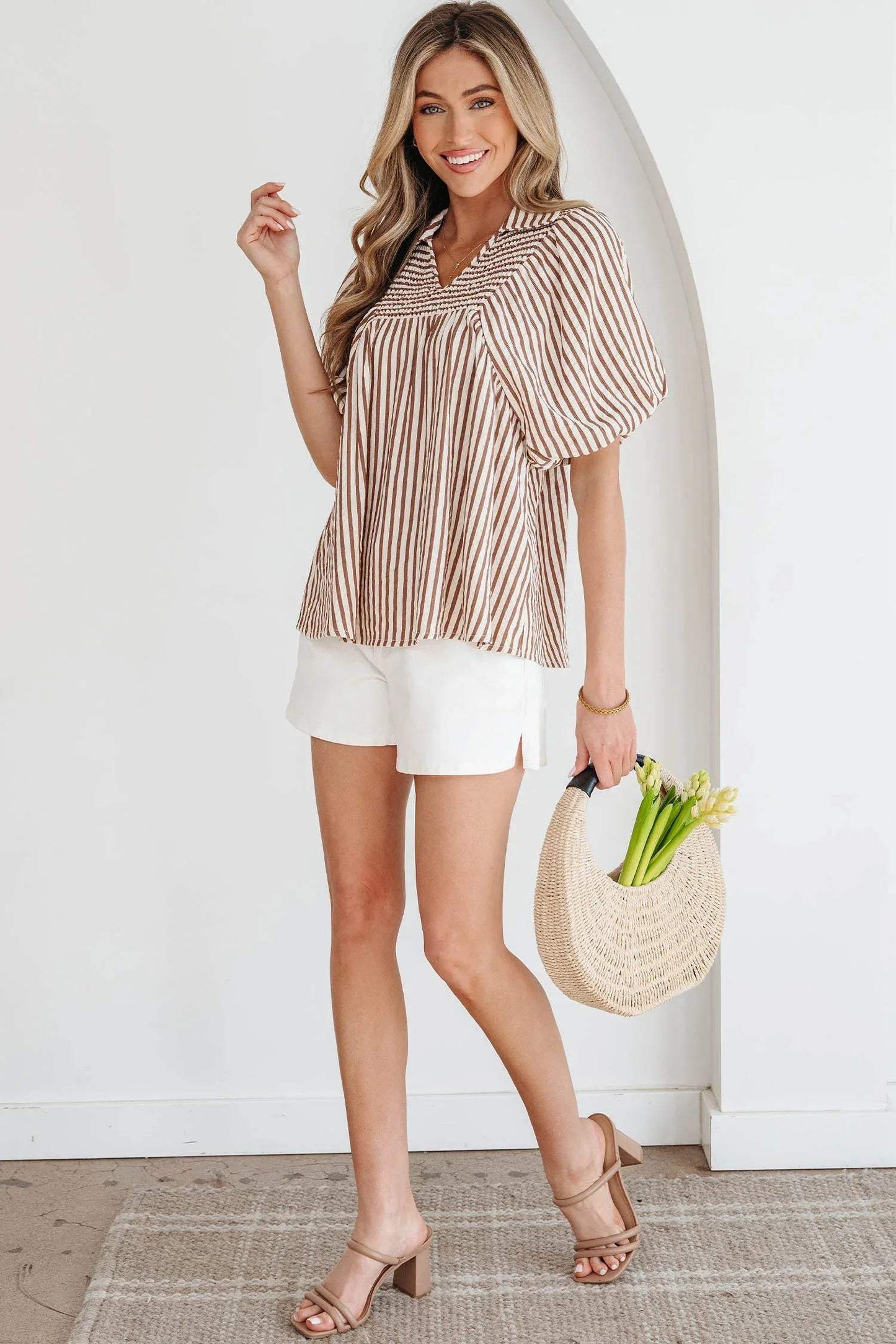 Brown Stripe Shirred V Neck Short Puff Sleeve Blouse - Sweet Fashion Wholesale