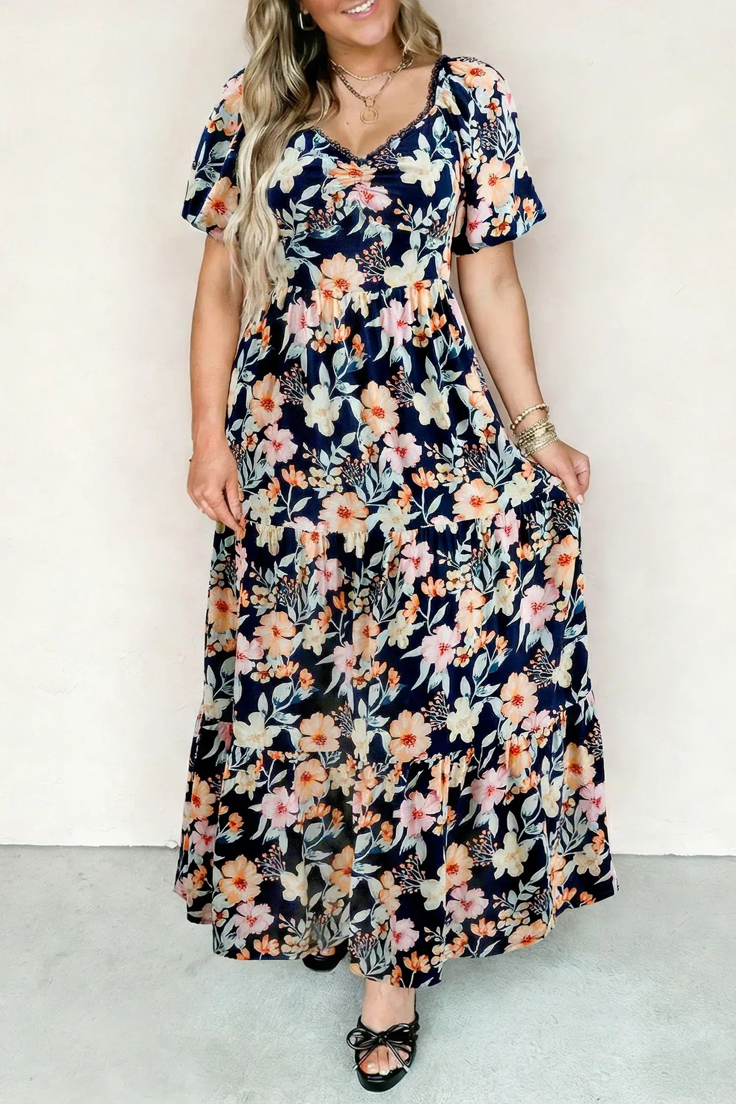 Blue Short Sleeve Smocked Detail High Waist Floral Maxi Dress - Sweet Fashion Wholesale