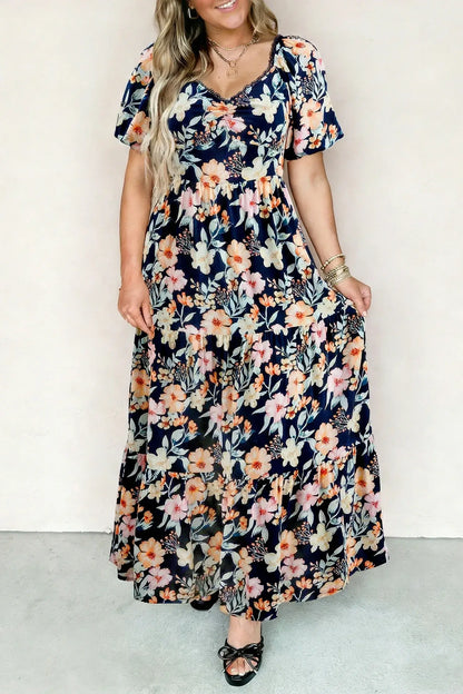 Blue Short Sleeve Smocked Detail High Waist Floral Maxi Dress - Sweet Fashion Wholesale
