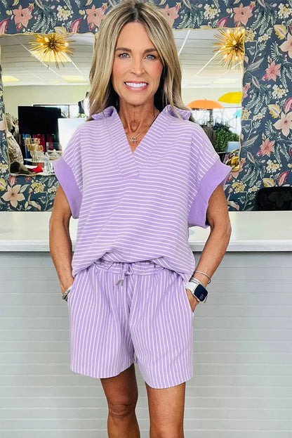 Khaki Stripe Dolman Sleeve Polo Shirt and Drawstring Shorts Set