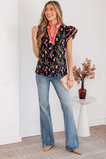 Black Floral Print Contrast Trim Tiered Ruffled Short Sleeve Blouse