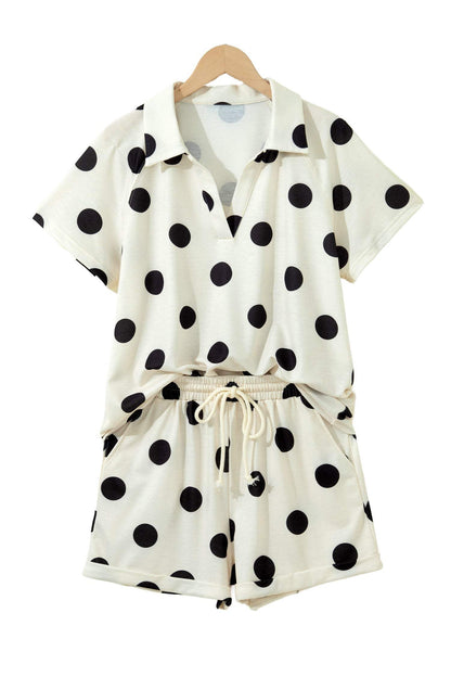 Green Polka Dot Print V Neck Tee Short Set